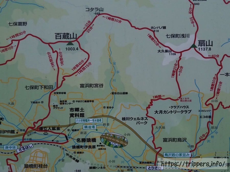 百蔵山と扇山の登山地図